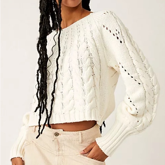 Free People Sweaters - Free People Sandre Pullover Sweater White Cable Knit Crop Cotton Blend Medium